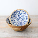 Enamel & Wood Blue Floral Bowl - medium