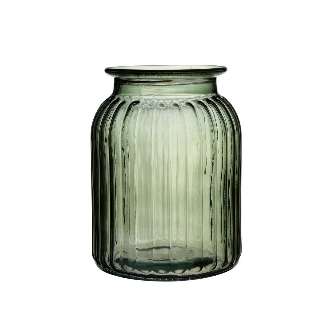 Green glass ribbed vase